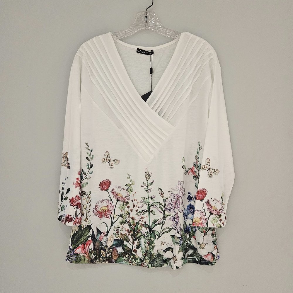 C.O.Z.Y. Cross V-Neck White floral shirt with Rusching detail Size L